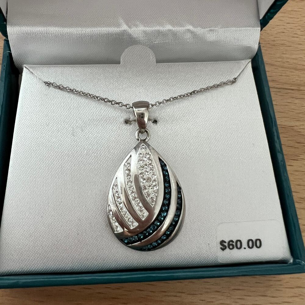 Fine Silver Plated Teardrop Pendant Necklace w/ Genuine Crystal – New in Box